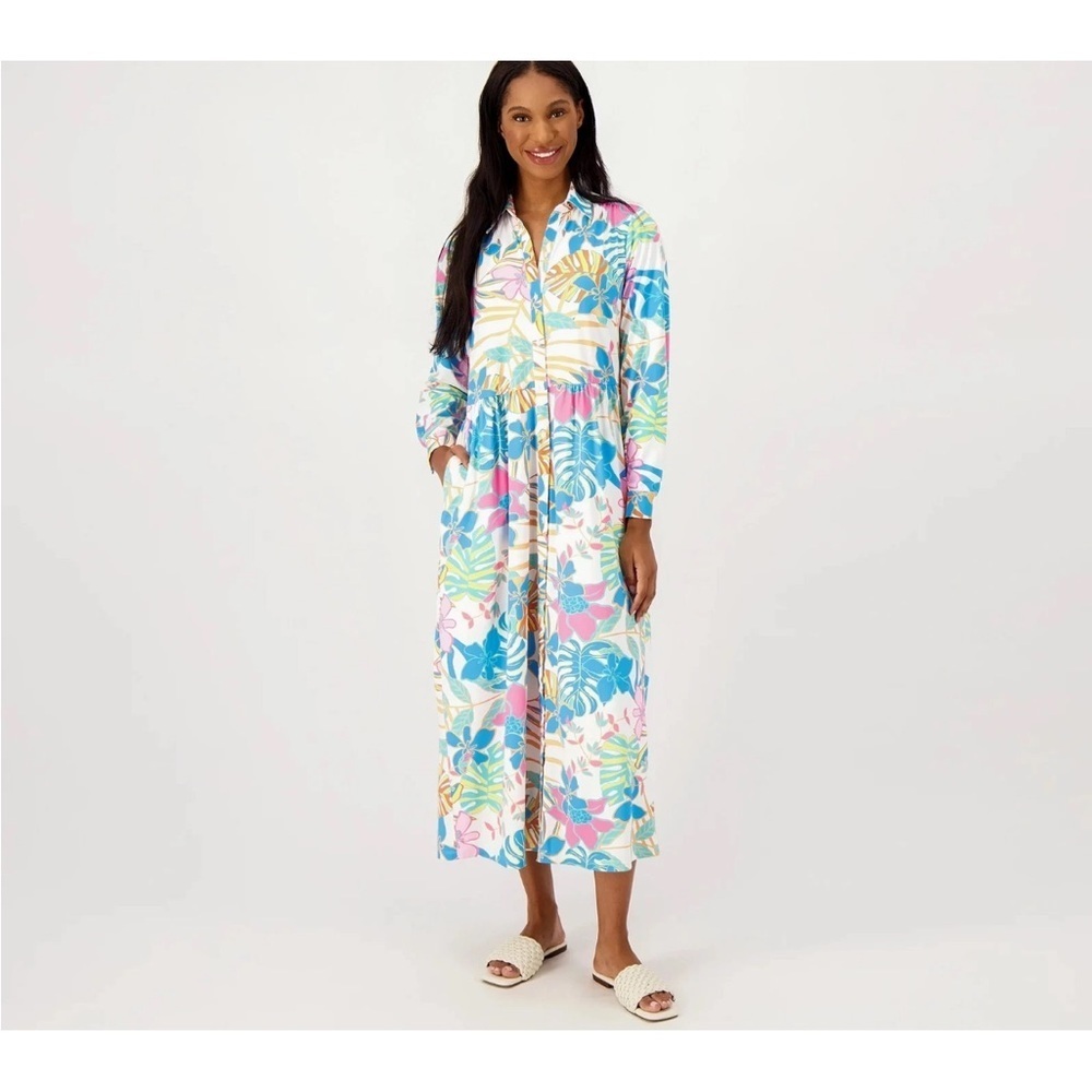 Tolani Martina Blue Tropical Floral Maxi Shirt Dress Resort Vacation M NWT
